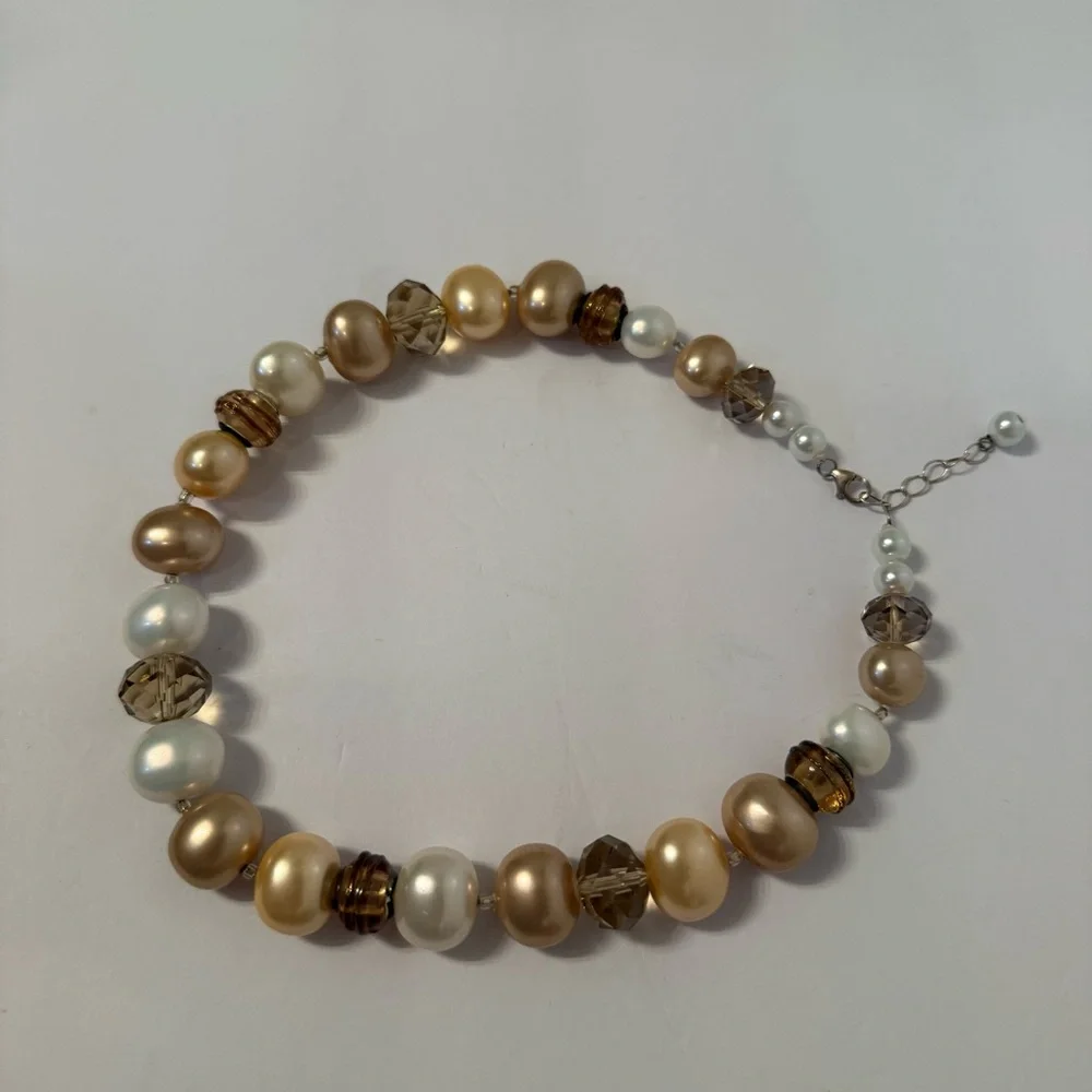 VINTAGE NECKLACE TRICOLOR FAUX GLASS PEARLS BEADS FAUX SMOKY QUARTZ CRYSTAL